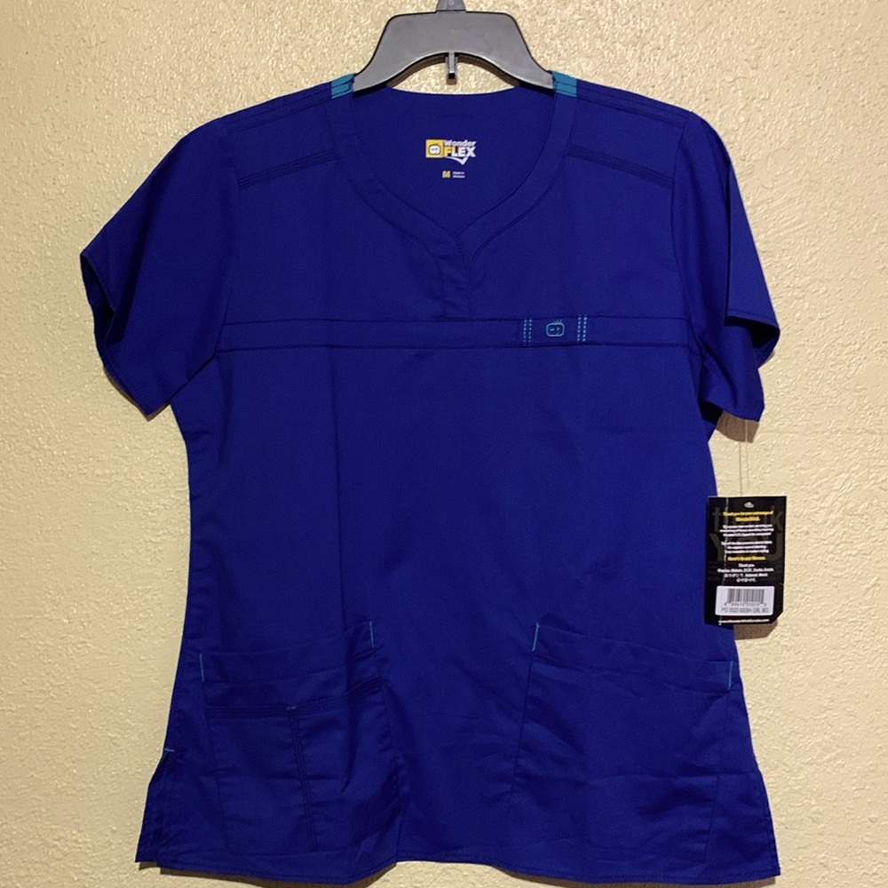 Wonder Flex Nurse Scrub Top Blouse M Navy Blue Pullover Short Sleeve Cotton NWT
